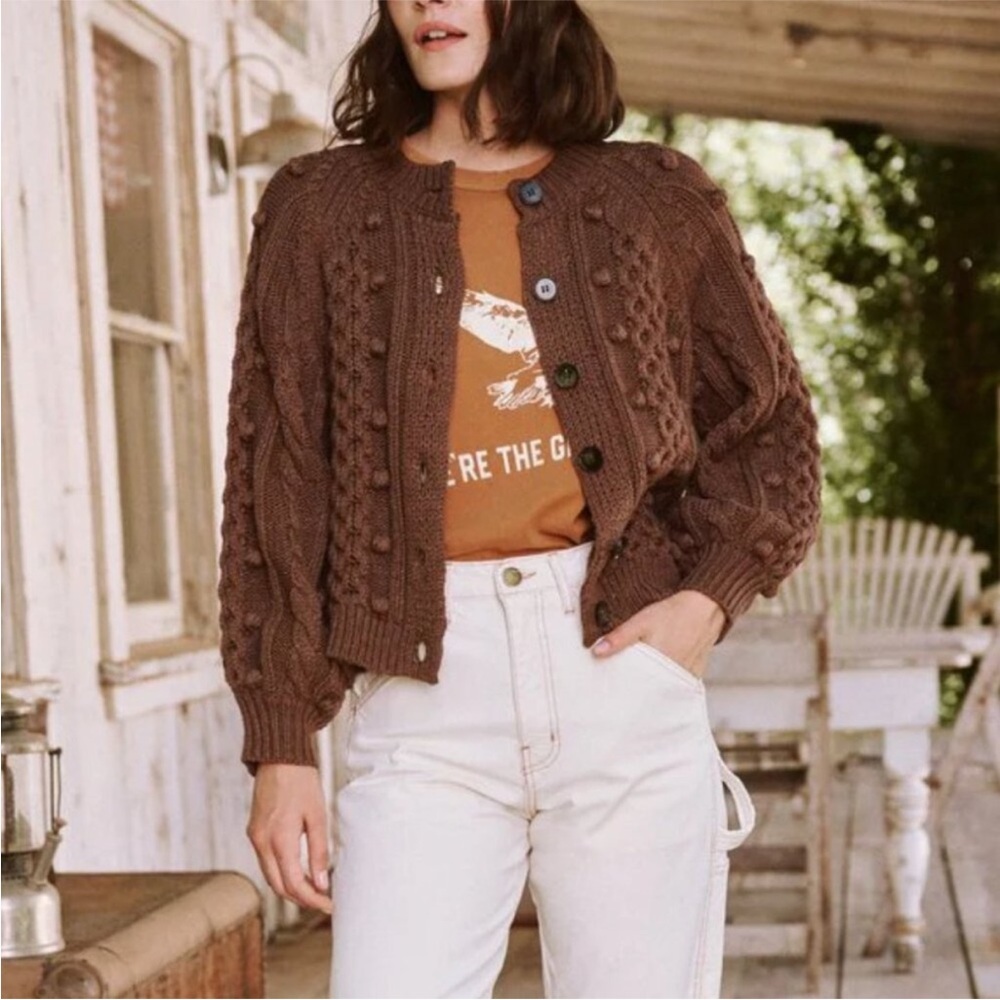 The Great XS The Mountainside Cardigan in Dark Cedar Brown Bobble Knit
